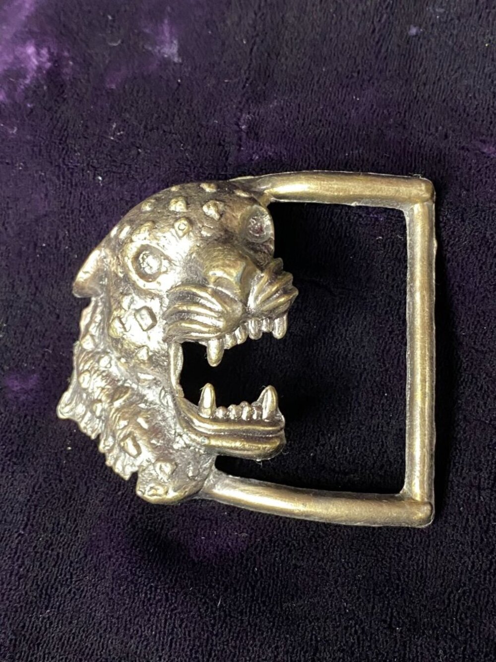 Vintage Curate Brass Cheetah Head Belt Buckle With Open Mouth Design